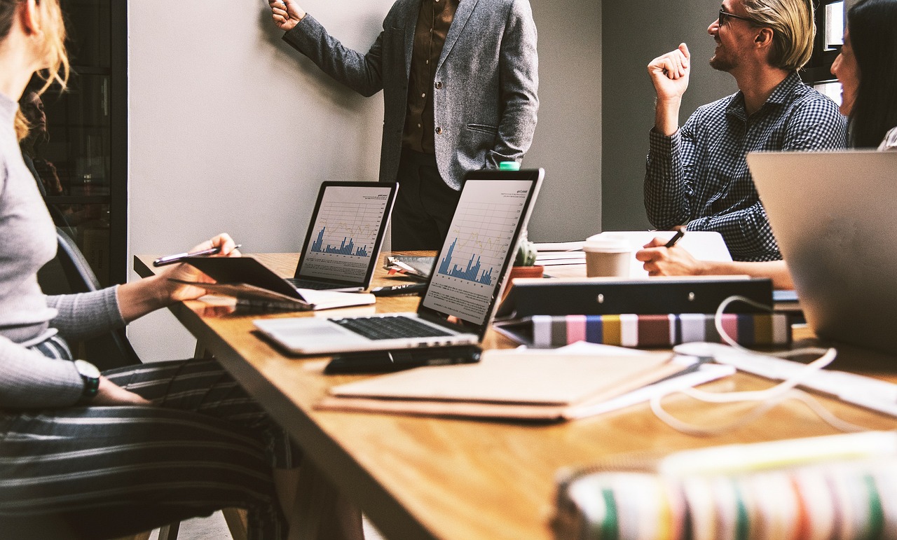 Finance team collaborating in a modern office
